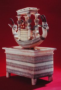 Chest with a boat decorated with two heads of a Syrian ibex and two female figures thought to be Princess Mutnedjmet, from the tomb of Tutankhamun