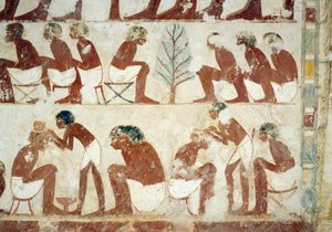 Cutting of the soldiers hair, fresco, south wall, west transverse chamber, Tomb of Userhat, tutor and scribe during the reign of Amenhotep II, also known as tomb TT56, Sheikh Abd el-Qurna, Thebes by Egyptian 18th Dynasty