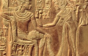 Detail from the Golden Shrine of Tutankhamun Depicting the Queen Anointing Him with Scented Unguent, New Kingdom (detail) by Egyptian 18th Dynasty