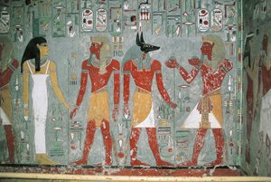 Egypt, Luxor, Valley of the Kings, Tomb of Horemheb, Mural Painting by Egyptian 18th Dynasty