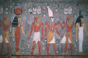 Egypt, Thebes, Luxor, Valley of the Kings, Tomb of Horemheb, Mural Painting Depicting Horemheb Between Goddess Isis and God Horus by Egyptian 18th Dynasty