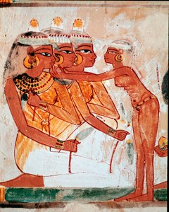 Tomb of Nakht. Toilet: maid helping three women holding lotus flowers to put on jewelry before the funeral banquet by Egyptian 18th Dynasty