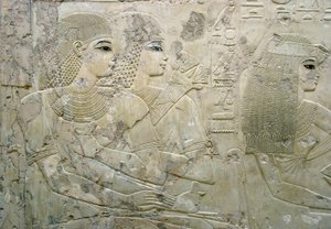 Egyptian antiquity: bas relief representing the guests of a funeral banquet - Tomb of the Vizier Ramose (18th dynasty) - Luxor, Thebes, Tomb of the Nobles Egypt - Egyptian civilization: Bas relief depicting the guests at a funeral banquet, from the Tomb of by Egyptian 18th Dynasty