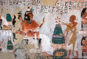 Representation of Roy and his wife Nebtawy facing a high priest by Egyptian 18th Dynasty