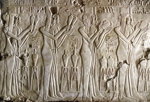 Egyptian antiquity: young girls making offerings. Tomb of Kherouef (18th Dynasty) by Egyptian 18th Dynasty