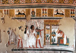 Egyptian Antiquity: Horus Guides Roy and His Wife to Osiris. Fragments of Fresco from the Tomb of Roy (TT255). 18th Dynasty. From the West Bank of Luxor, Egypt