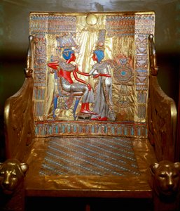 Egyptian Antiquities: A Throne in Gilded and Painted Wood of Tutankhamun. Representation of Queen Ankhesenpaaton Massaging the Shoulder of Her Brother and Husband Tutankhamun Under the Sun by Egyptian 18th Dynasty
