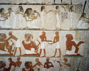 Funeral Feast with Female Musicians, Ladies Adorning Themselves with Jewelry, Men and Musicians by Egyptian 18th Dynasty