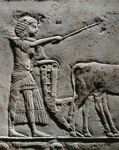 Horemheb ploughing land in the Fields of Iaru, relief from the tomb of Horemheb at Saqqara (detail) by Egyptian 18th Dynasty