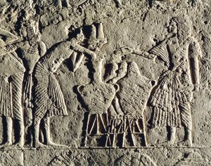 Life in a Military Camp: Workers Employed in Beverages Control (Wine and Beer), Relief from the Tomb of Horemheb at Saqqara (detail) by Egyptian 18th Dynasty