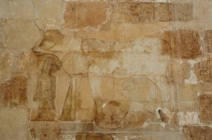 Mortuary Temple of Queen Hatshepsut: Hathor chapel, the goddess in her bovine form, with crown, is fed by Hatshepsut