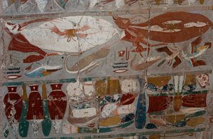 Painted Bas-Relief, Mortuary Temple of Queen Hatshepsut, Djeser-Djeseru, Deir el-Bahri, Luxor, Thebes by Egyptian 18th Dynasty