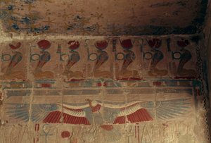 Painted wall with solar disk, uraeus and vulture of Upper Egypt, Mortuary Temple of Hatshepsut, Deir el-Bahari, Theban Necropolis by Egyptian 18th Dynasty