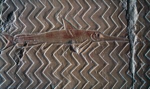 Representation of fish, scenes of Kingdom of Punt, south wall of central colonnade, Mortuary Temple of Hatshepsut, Deir el-Bahari, Luxor, Thebes (Unesco World Heritage List) by Egyptian 18th Dynasty