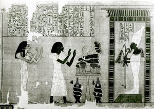 The deceased accompanied by his sister go to pay homage to Osiris, detail from the Book of the Dead
