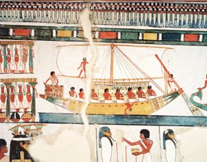 The solar ship, (detail) of the pilgrimage to Abydos, fresco, north wall, long dining room, Theban Tomb TT69, Sheikh Abd el-Qurna, Thebes by Egyptian 18th Dynasty