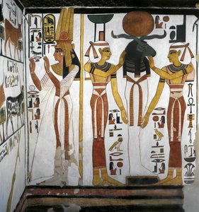Queen Before Divine Entity Representing Osiris Resting in Ra in Circle of Goddesses Isis and Nephthy, Tomb of Nefertari, Valley of the Queens, Luxor, Thebes, Egypt by Egyptian 19th Dynasty