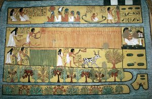Egypt, Thebes, Village of State Labourers at Dayr al-Madinah (Deir el-Medina), Tomb of Sennedjem, Fresco Depicting Agricultural Scenes in the Fields of Ialu, New Kingdom, Dynasty XIX by Egyptian 19th Dynasty