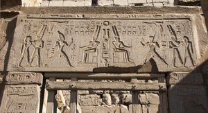 Egyptian Antiquity: View of the Architrave Decorates the Representation of Pharaoh Ramses II Honoring the God Amon and Hieroglyphs, Temple of Pharaoh Ramses II in Luxor, East Bank (Thebes), Egypt