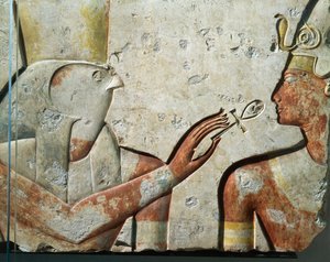 Falcon God Horus and Ramses II During the Opening of the Mouth Ceremony, Bas-relief, from Small Temple Built by Pharaoh at Abydos by Egyptian 19th Dynasty