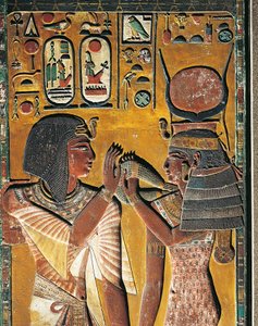 Goddess Hathor offers her necklace to the Pharaoh by Egyptian 19th Dynasty