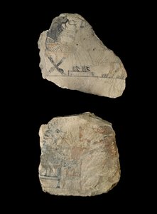 Limestone Ostraca with Humorous Sketches in Red and Black Ink by Egyptian 19th Dynasty
