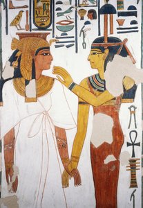 Nefertari meets the goddess Isis, fresco, north facing facade of the fourth pillar, burial chamber, Tomb of Nefertari (QV66), Valley of the Queens, Thebes by Egyptian 19th Dynasty