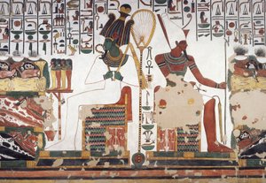 Osiris and Atum, fresco, east wall, east side chamber, Tomb of Nefertari (QV66), Valley of the Queens, Thebes