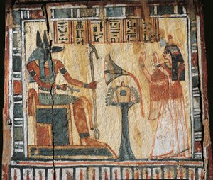 Painted Wood Box Depicting Deceased and God Anubis, for Shabtis of Tamutnofret by Egyptian 19th Dynasty