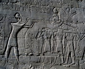 Ramesses II making sacrifices in front of sacred boat, relief, interior walls of Great Hypostyle Hall, Karnak temple complex by Egyptian 19th Dynasty