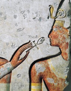 Ramses II during opening of the mouth ceremony, bas-relief, from small temple built by Pharaoh at Abydos by Egyptian 19th Dynasty