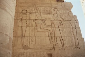 Relief depicting the lioness-headed goddess Mut presenting Ramesses II to an enthroned Amun, who gives him an ankh, from the Great Hypostyle Hall by Egyptian 19th Dynasty