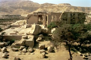 View from the top of the first pylon showing the fallen colossus of Ramesses II in the First Court by Egyptian 19th Dynasty