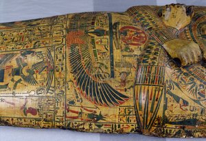Detail of the outer coffin lid of the mummy of Nesyamun, possibly found at Deir El-Bahri, New Kingdom, c.1100 BC by Egyptian 20th Dynasty