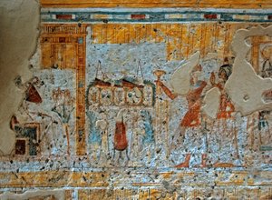 Representation of Shuroy and his wife worshipping the god Osiris sitting in front of the four sons of Horus in a papyrus leaf. Painting of the Tomb of Shuroy (TT13). 20th dynasty. 1190-1077 BC Necropolis of Dra Abu el-Naga, West Bank of Luxor, Egypt by Egyptian 20th Dynasty
