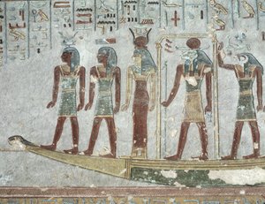 Relief depicting Khnum in a funerary barque passing through the Underworld, from the Tomb of Ramesses III by Egyptian 20th Dynasty