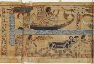 Detail from the Book of the Dead of the priest Aha-Mer depicting a barque and a farming scene, Third Intermediate Period