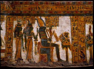 Isis and Nephtys Worshipping Osiris. Anthropoid Sarcophagus of the Scribe Butehamon, 21st Dynasty (1085-935 BC). Museum of Egypt, Turin