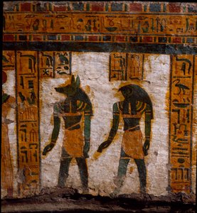 Egyptian antiquity: the funerary genies Douamoutef and Kebehsenouf. Decoration of the anthropoid sarcophagus of the scribe Butehamon, 21st dynasty. Museum of Egypt in Turin by Egyptian 21st Dynasty