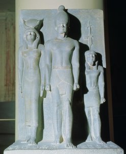 Triad of Menkaure (Mycerinus) with the Goddess Hathor and One of the Nome Deities from the Valley Temple of the Pyramid of Menkaure at Giza, Old Kingdom