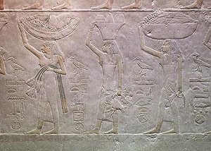 Women personifying deaths domains and bringing offerings, from the Mastaba of Akhutotep, Old Kingdom by Egyptian 5th Dynasty