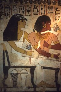 Ancient Egypt, Wall Painting, Tomb of Sennufer, Thebes, Sennufer and his sister Merit hold lotus flowers, Sennufer, Mayor of Thebes and overseer under Pharaoh Amenophis II by Egyptian Egyptian