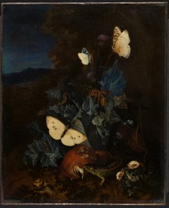Still-life with a Thistle, Boletus, Snail, Lizard, Butterflies and a Bee in a Landscape