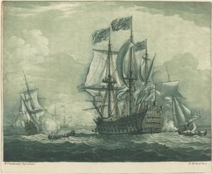 Shipping Scene with Man-of-War by Elisha Kirkall after Willem van de Velde the Younger