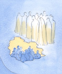 Christ and his saints in heaven look down with great tenderness upon his friends on earth who meditate on his Passion by Elizabeth Wang