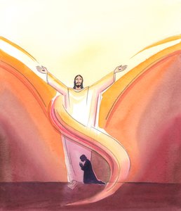 Christ is Really Present in the tabernacle, constantly praying for us, His arms out-stretched in prayer towards the Father above, Whom Christ sees dwelling in the glory which we cannot yet see. by Elizabeth Wang