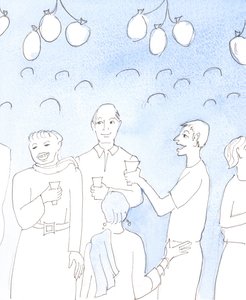 Christ looks on with joy when we celebrate life or good news by sharing food and drink with friends, at a party, in genuine mutual delight, with a desire to give joy and to comfort tired hearts by Elizabeth Wang
