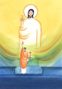 Christ speaks and acts through His priests, who bless and forgive 