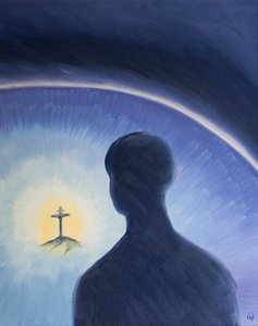 God the Father looks down in love and admiration as Christ willingly suffered to fulfill His plan to save sinners