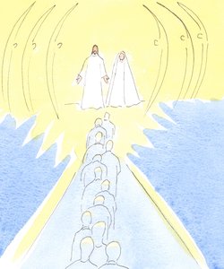 Jesus Crucified Waits at the Gate of Heaven, with His Mother Mary and the Holy Angels by Elizabeth Wang